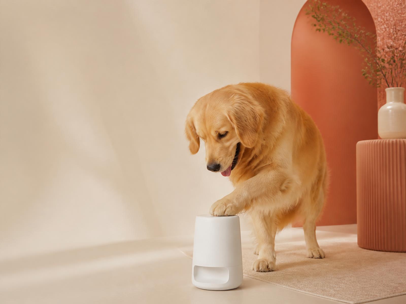 Dog playing with a smart Nivera Pets gadget on a living room floor